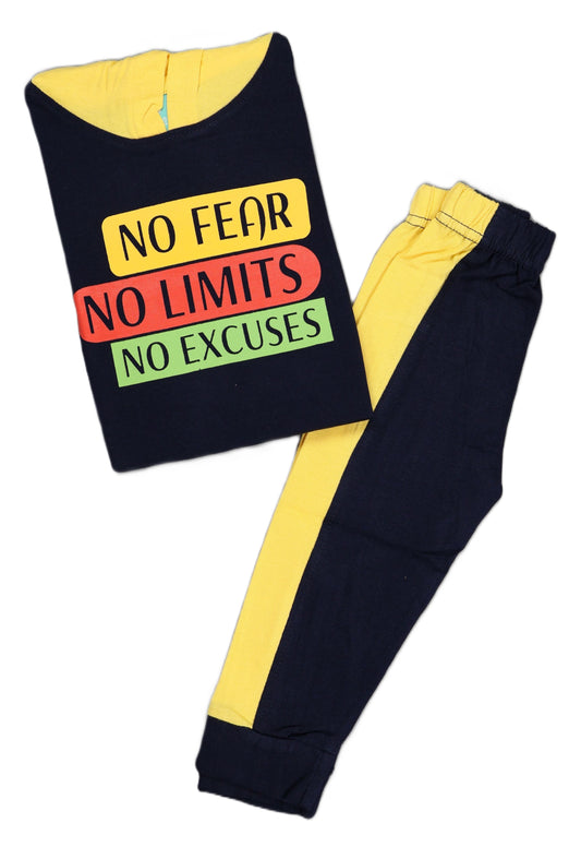 Black hoodie with colorful text and yellow pants on a white background