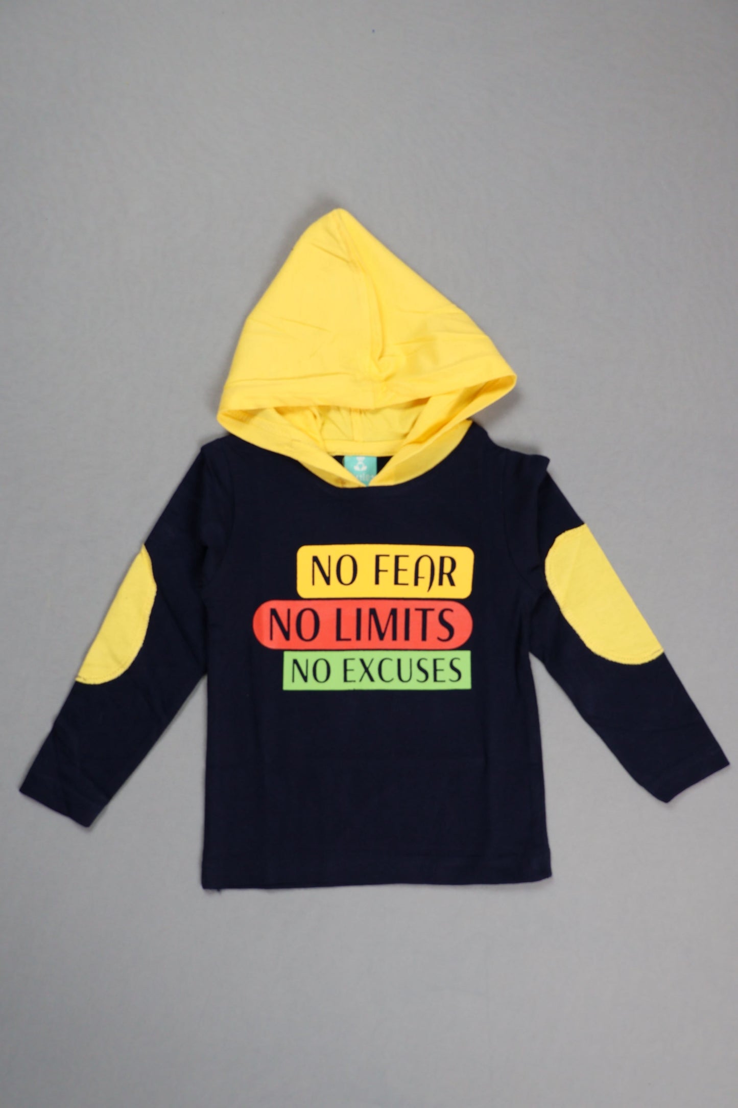 Black hoodie with colorful text and yellow accents on a gray background