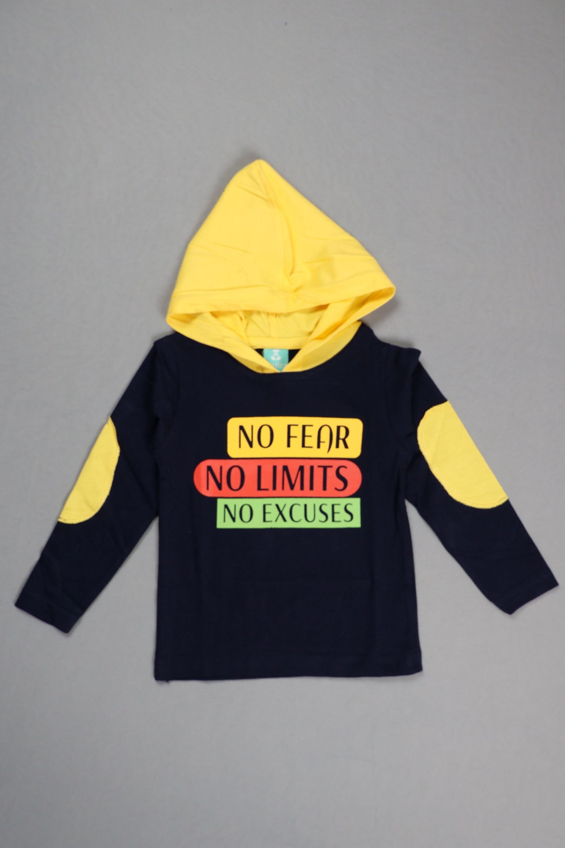 Black hoodie with colorful text and yellow accents on a gray background