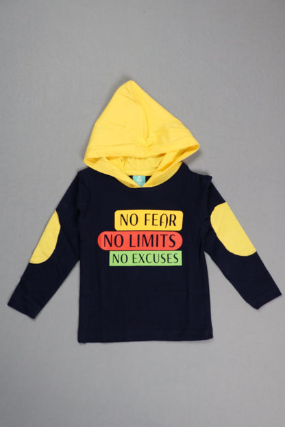 Black hoodie with colorful text and yellow accents on a gray background