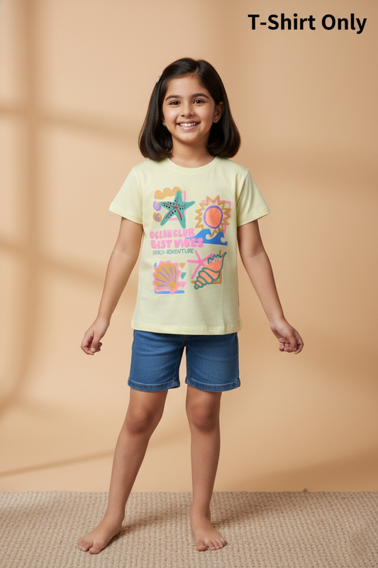 Fyst Cotton Knit "Ocean Club" Beach Print T-Shirt for Girls - Light Yellow - Fyst Fashion