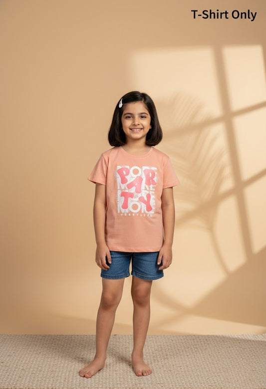 Fyst Cotton Knit "PARTY" Print T-Shirt for Girls - Peach - Fyst Fashion