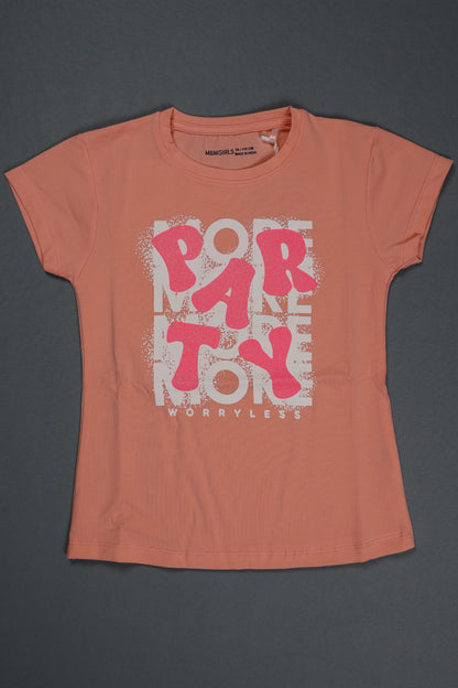 Fyst Cotton Knit "PARTY" Print T-Shirt for Girls - Peach - Fyst Fashion
