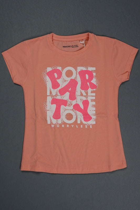 Fyst Cotton Knit "PARTY" Print T-Shirt for Girls - Peach - Fyst Fashion