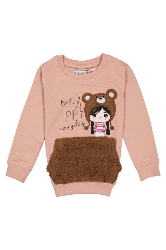 Pink sweater with cartoon character and 'Be happy everyday' text on a white background