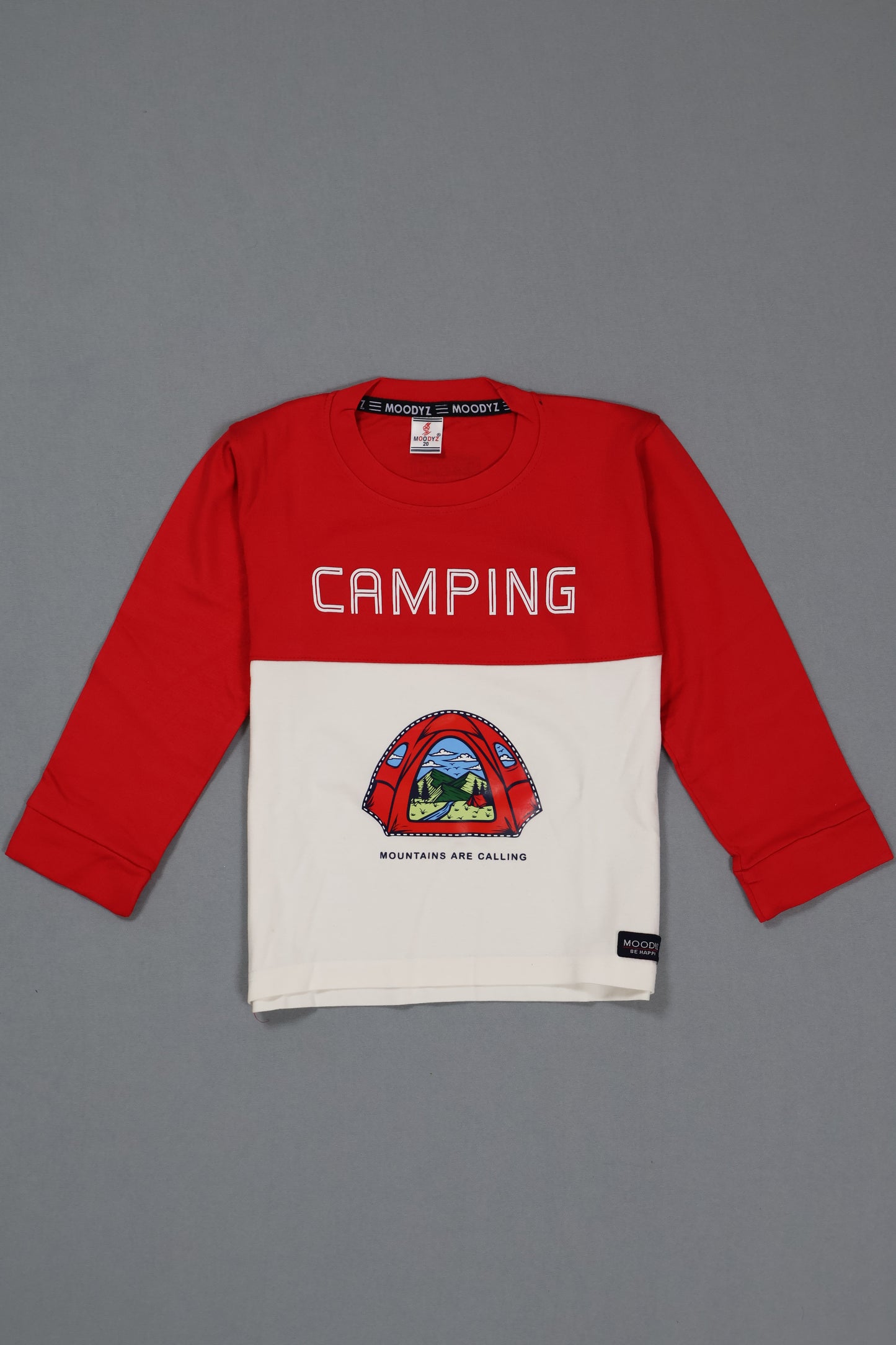 Red and white long-sleeve shirt with a logo and 'Camping' text on a gray background