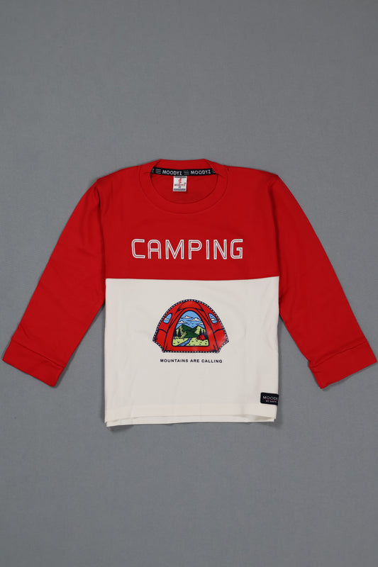 Red and white long-sleeve shirt with a logo and 'Camping' text on a gray background