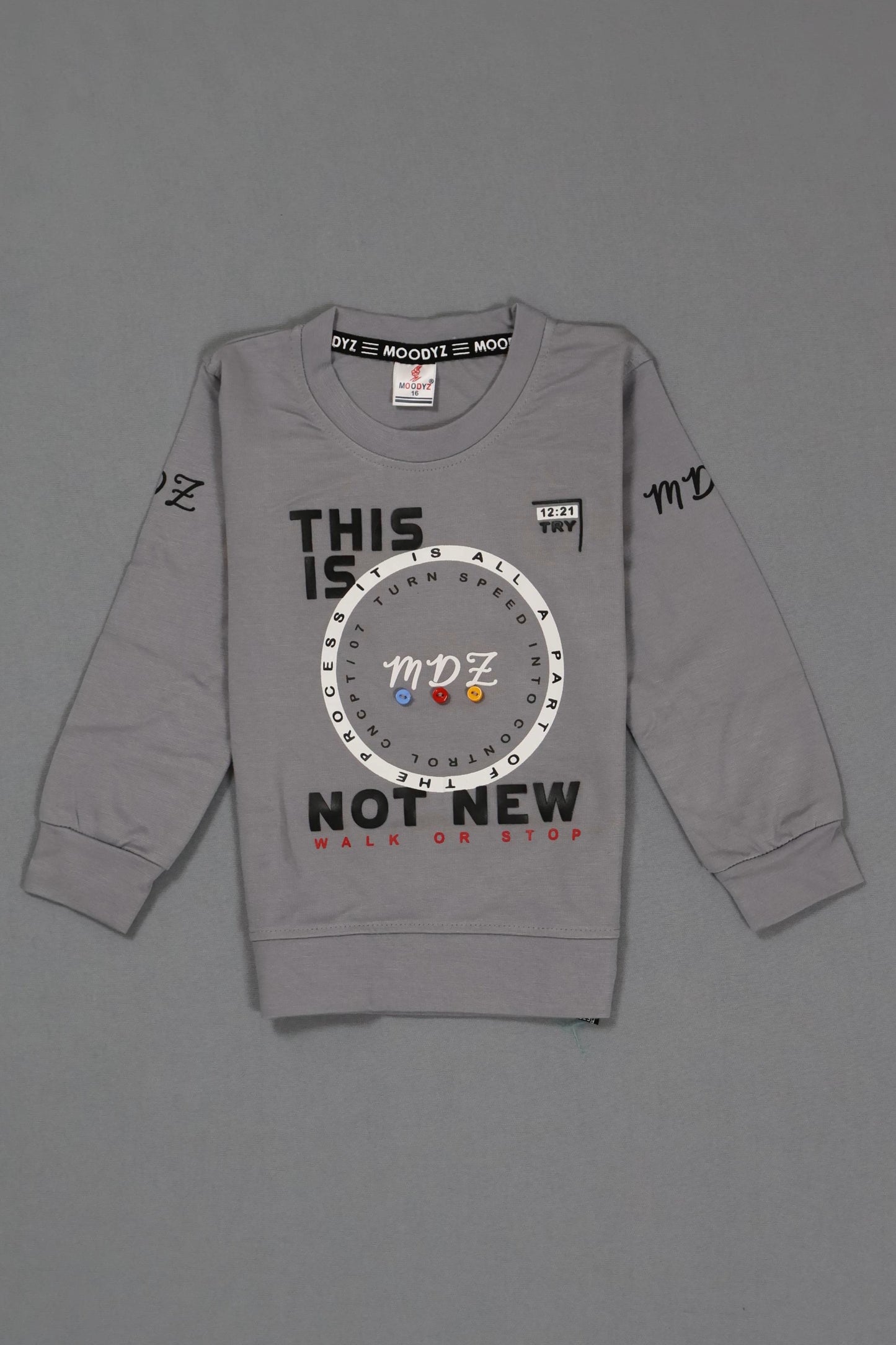 Gray sweatshirt with text and logo on a gray background