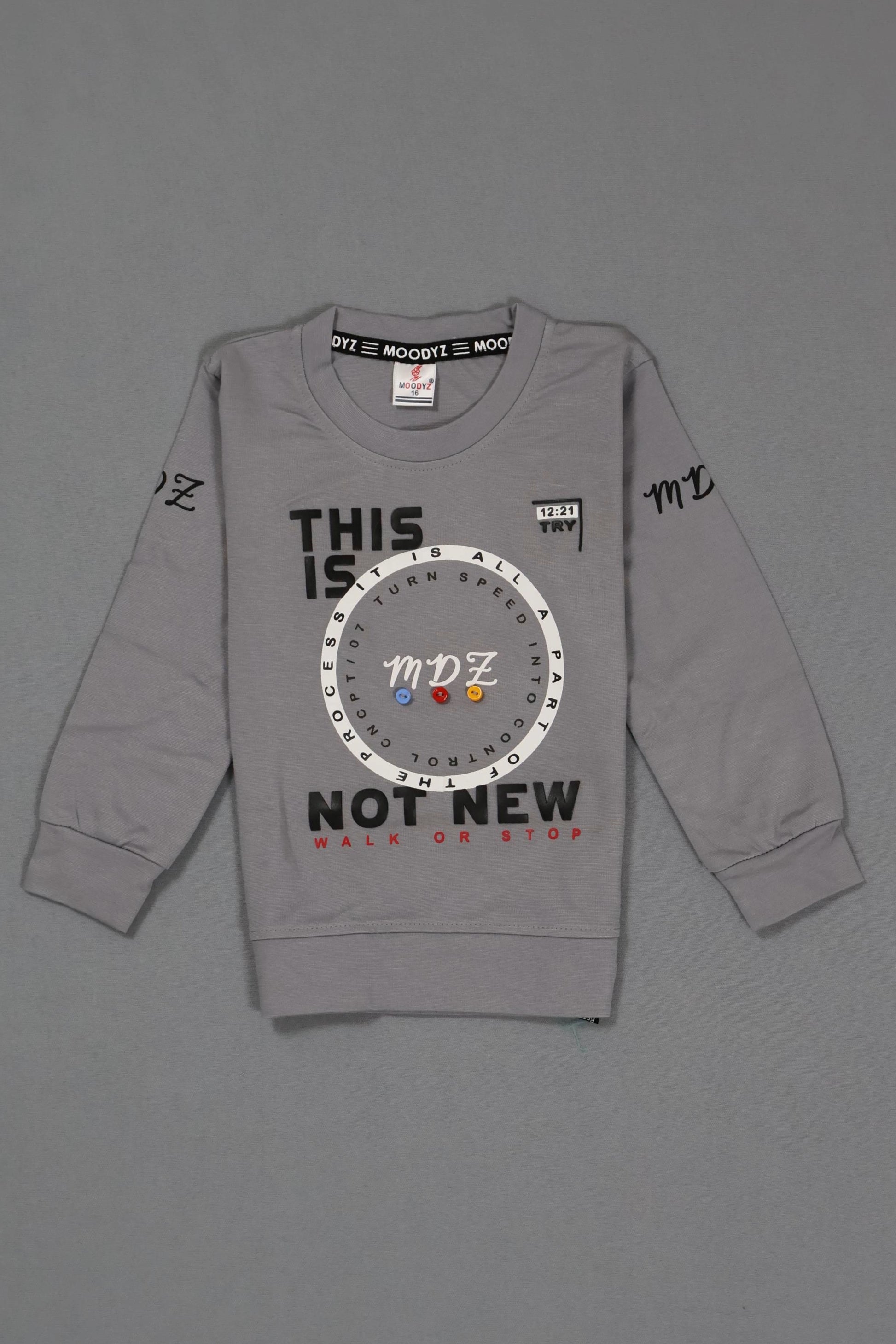 Gray sweatshirt with text and logo on a gray background
