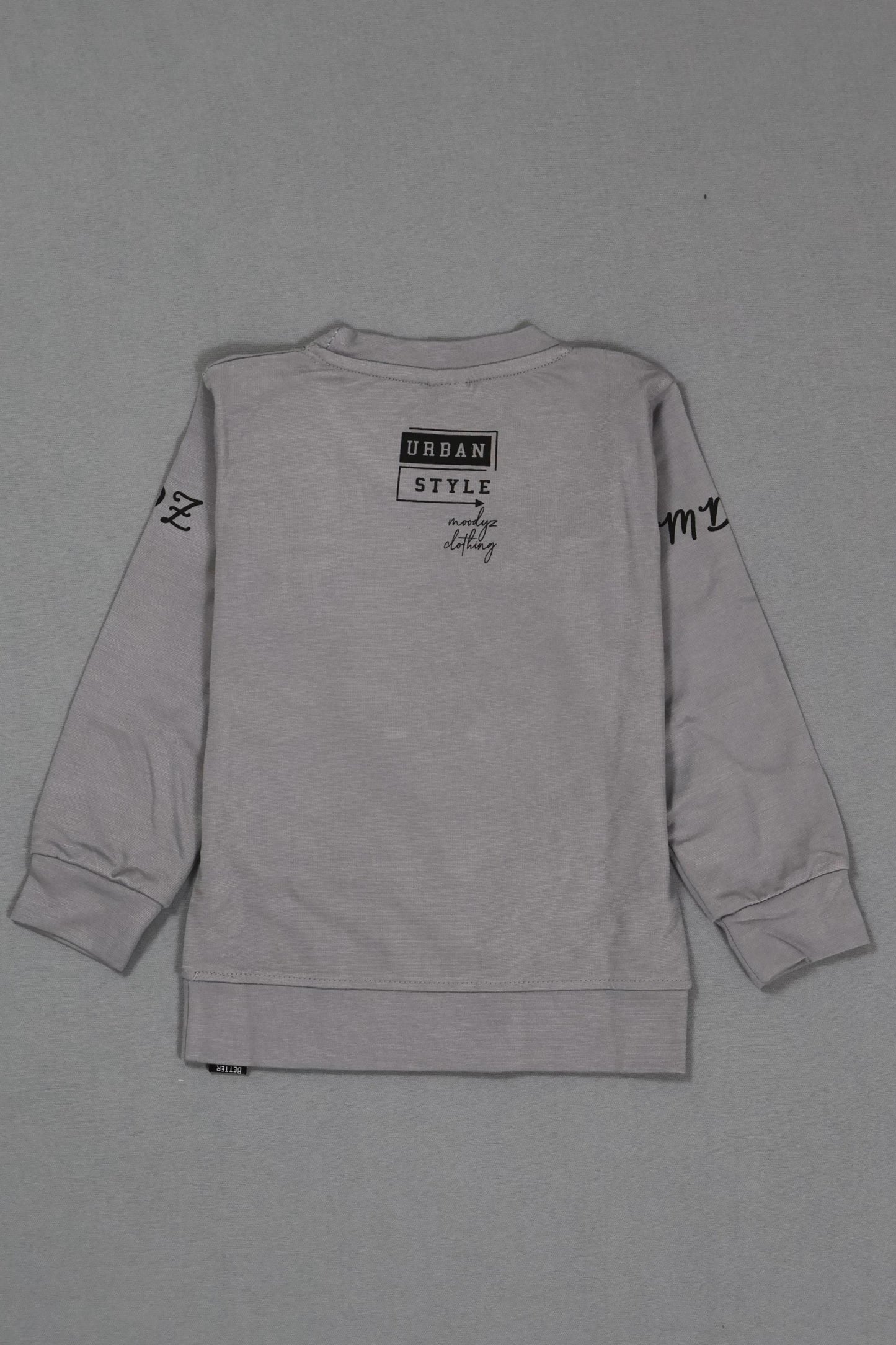 Gray sweatshirt with text on a gray background