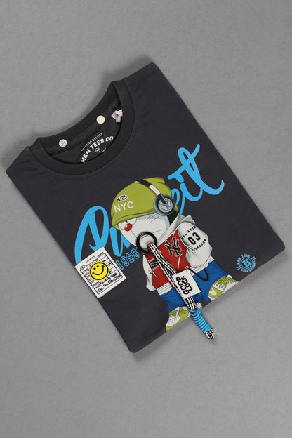 Black t-shirt with cartoon character and text on a gray background