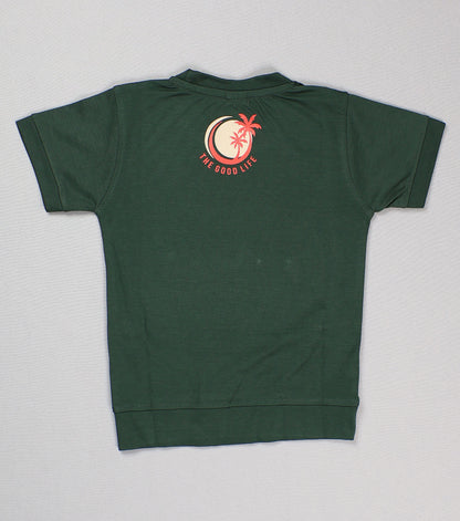 Green t-shirt with a red and white logo on the back against a light gray background