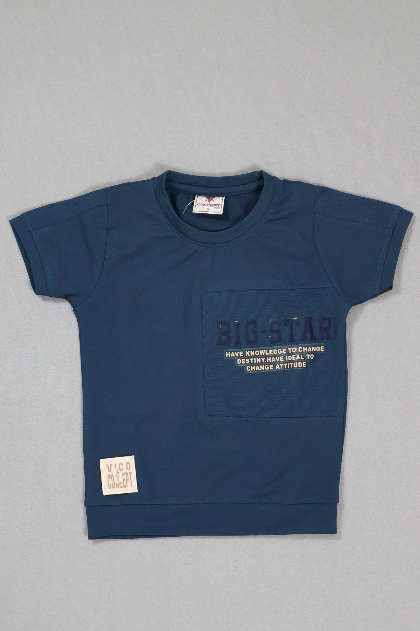 Blue t-shirt with text on a gray background