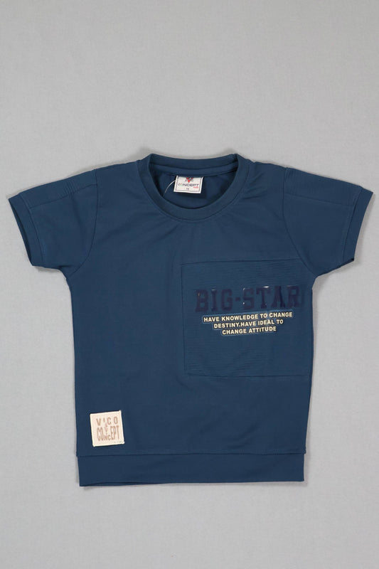 Blue t-shirt with text on a gray background