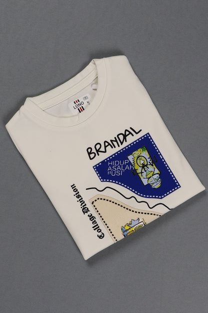 Folded white t-shirt with text and graphics on a gray background