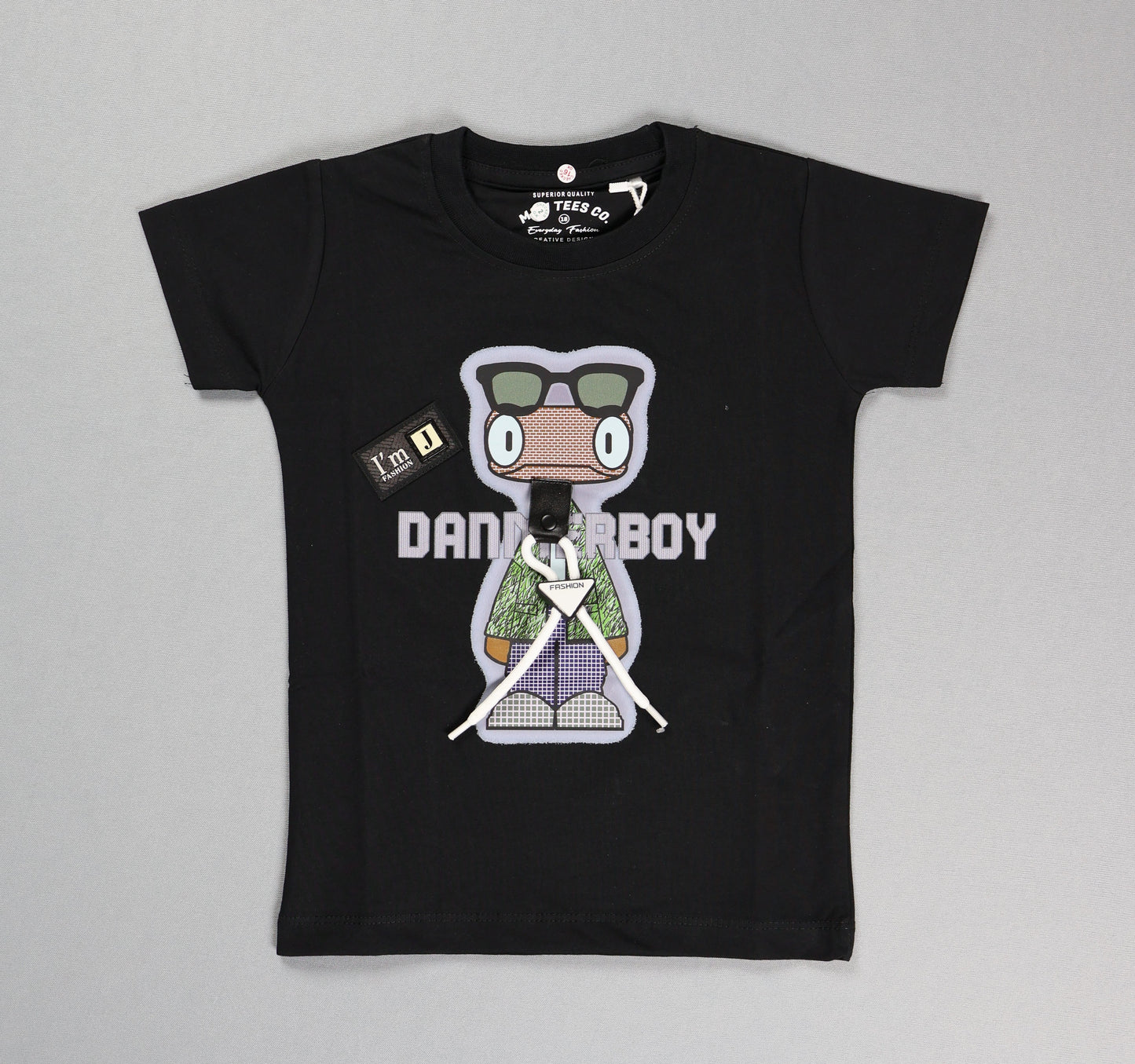 Black t-shirt with a graphic design of a character and text on a gray background