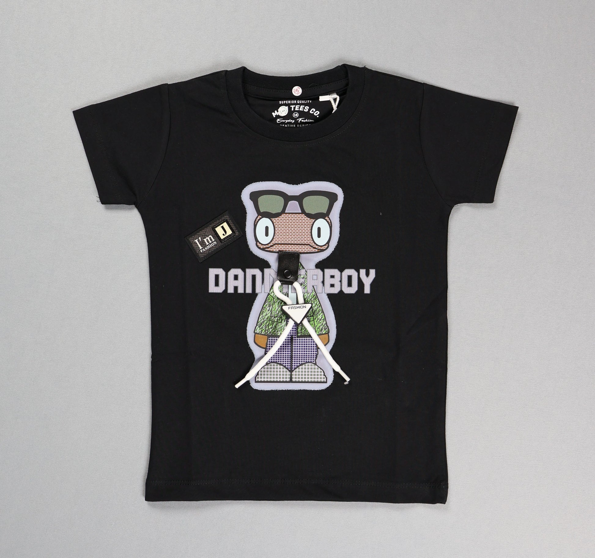 Black t-shirt with a graphic design of a character and text on a gray background