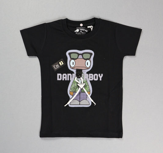 Black t-shirt with a graphic design of a character and text on a gray background