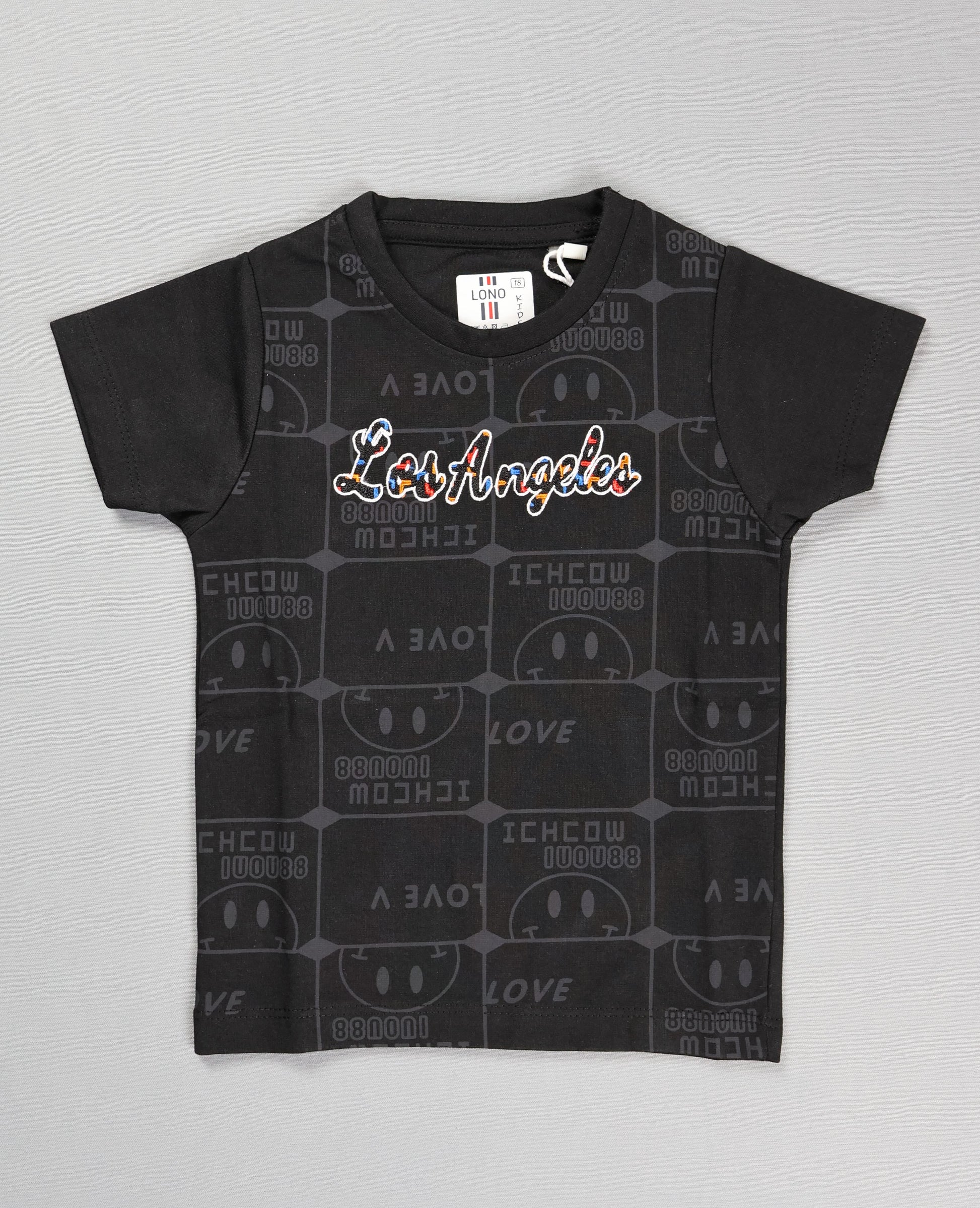 Black t-shirt with 'Los Angeles' text and smiley face pattern on a gray background