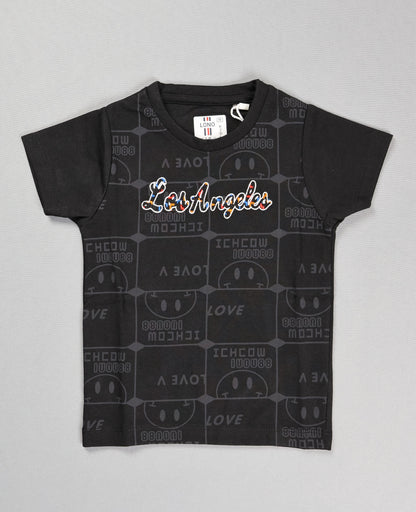 Black t-shirt with 'Los Angeles' text and smiley face pattern on a gray background