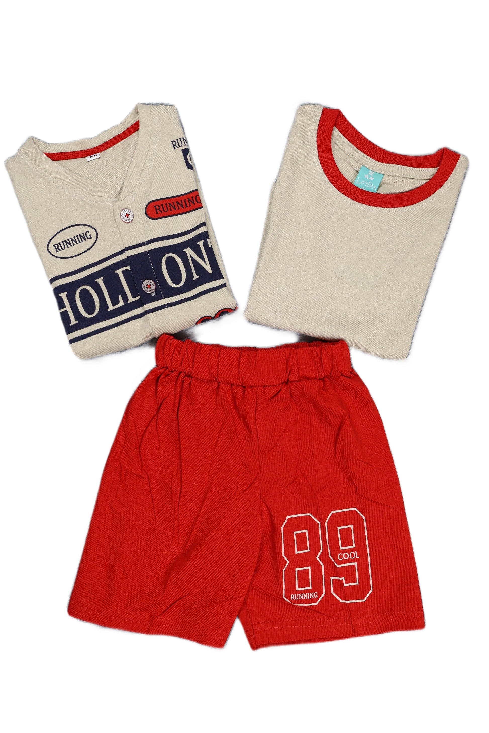 Children's outfit with beige shirt, red shorts, and white undershirt on a white background