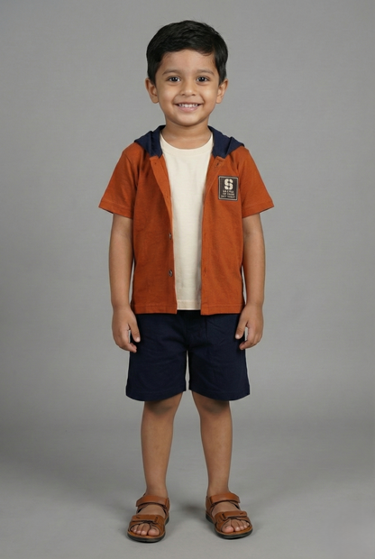 A young boy modeling a trendy three-piece summer outfit. The set includes a rust orange short-sleeve button-down shirt with a navy blue hood, worn over a plain cream t-shirt. He is wearing matching navy blue shorts and brown leather sandals, standing against a neutral studio background.