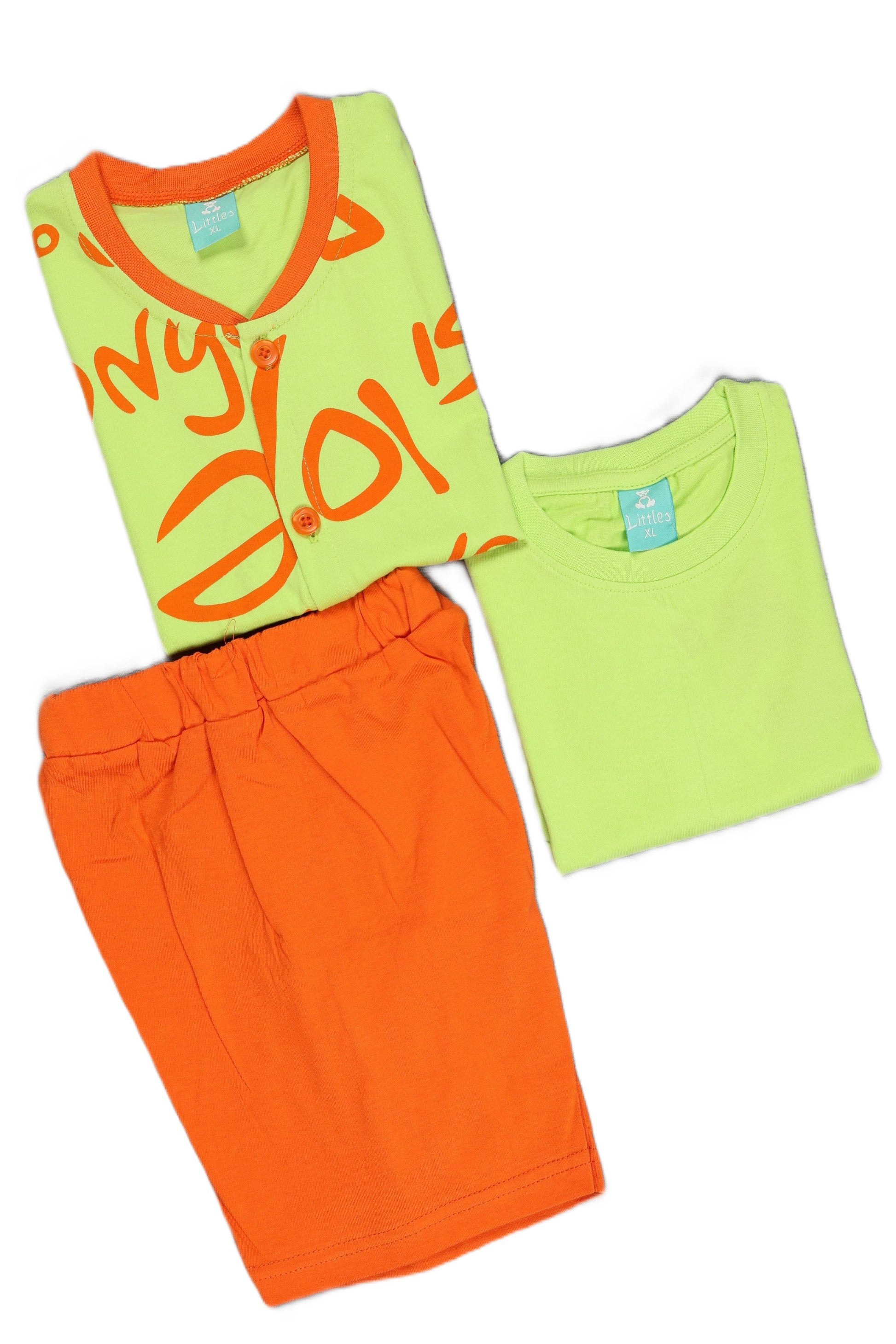 Children's outfit with bright green shirt, orange shorts, and matching shirt on a white background