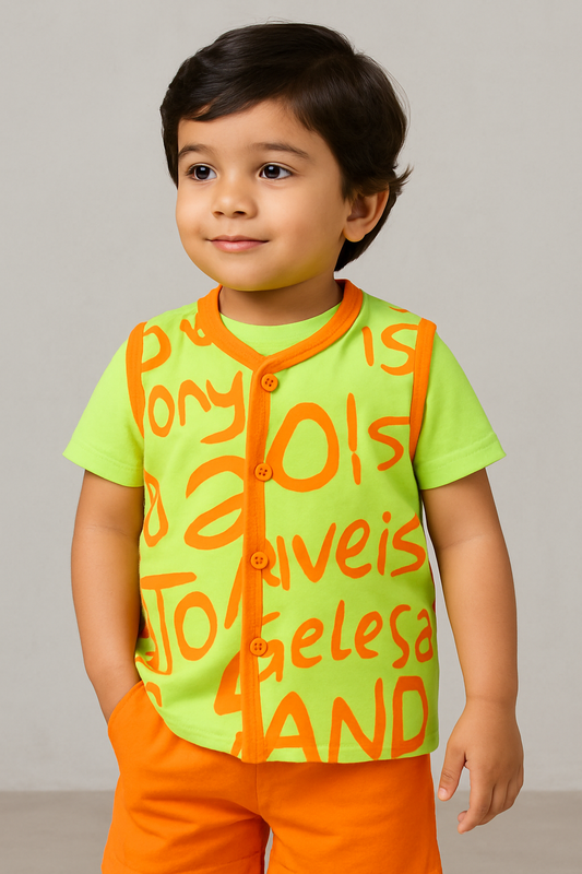 A young boy wearing a vibrant three-piece summer outfit. The set includes a lime green waistcoat with orange graffiti-style text layered over a matching lime green t-shirt, paired with bright orange shorts. He is posing against a neutral studio background.