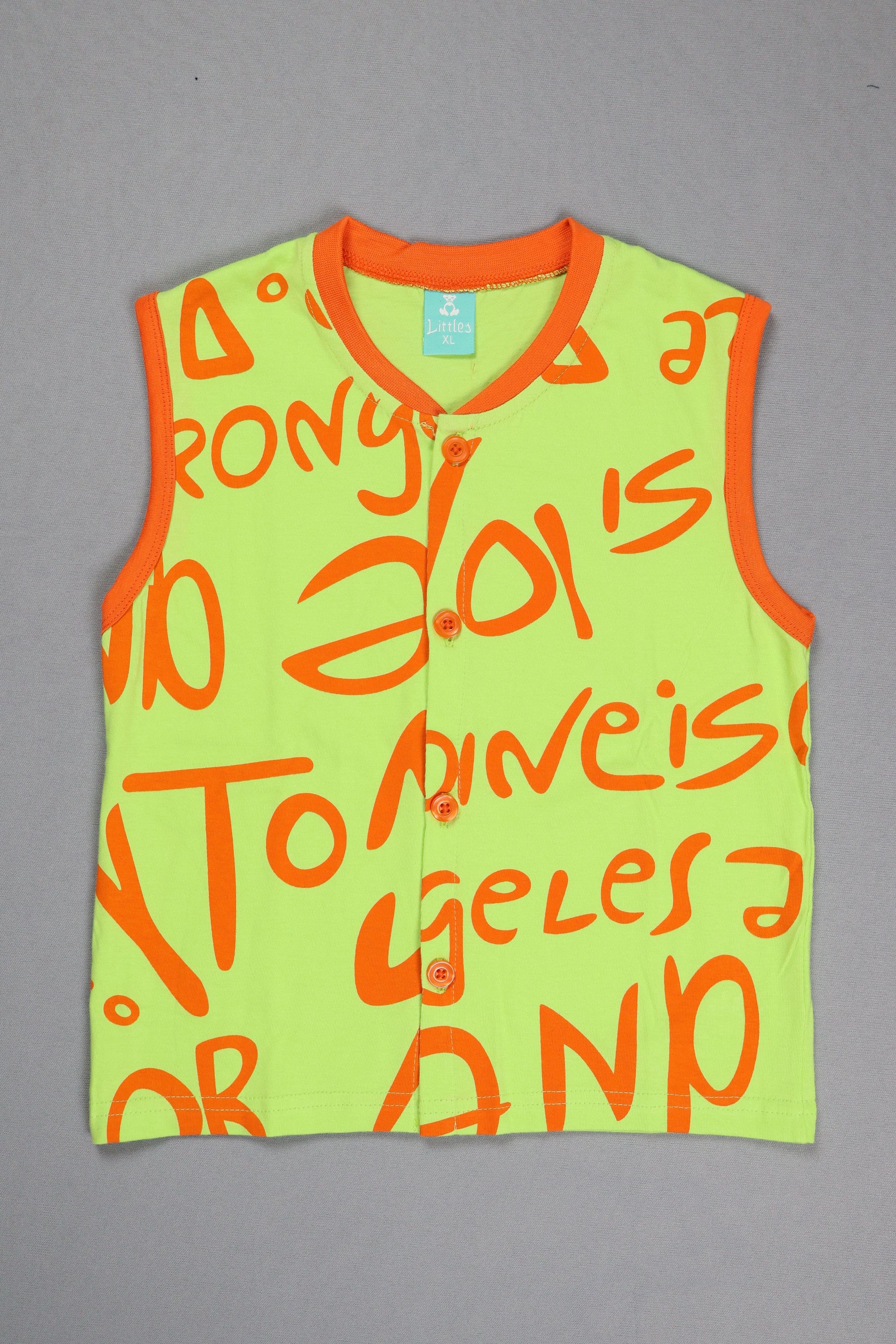 Neon green baby romper with orange text on a gray background