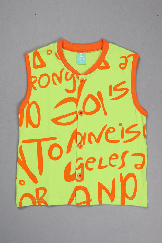 Neon green baby romper with orange text on a gray background