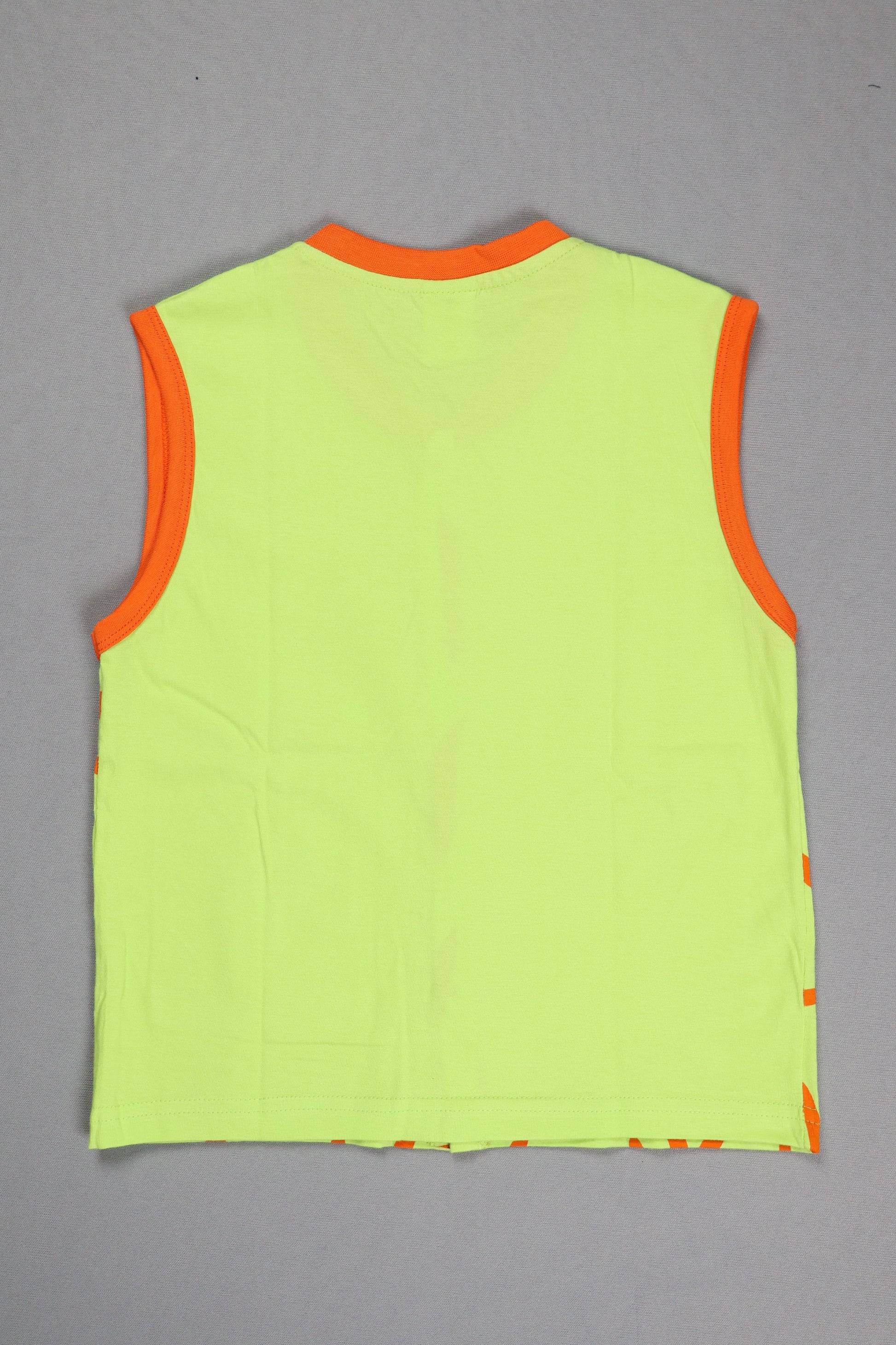 Light green sleeveless top with orange trim on a gray background