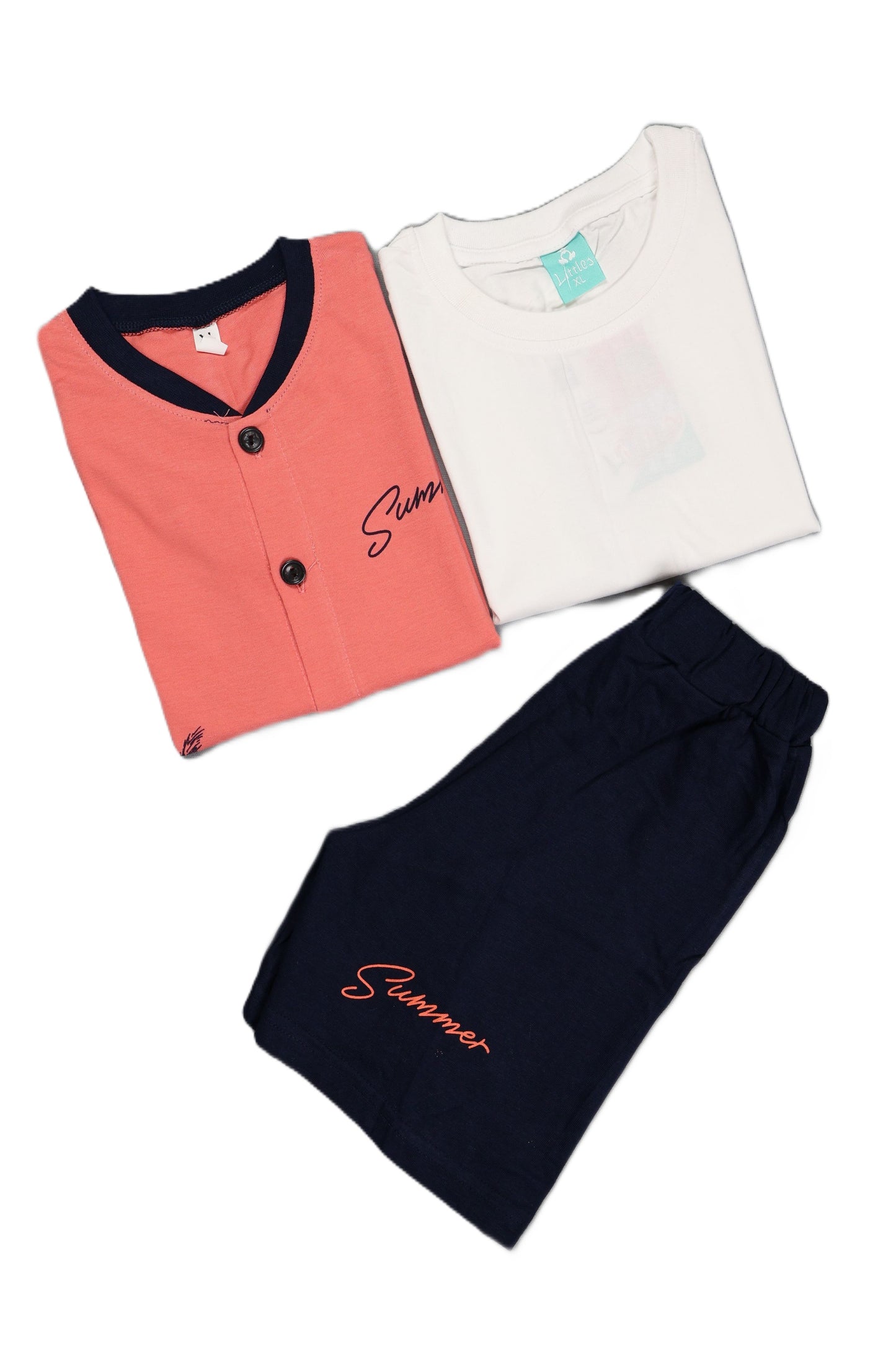 Set of coral shirt, white top, and navy pants with 'Summer' text on a white background