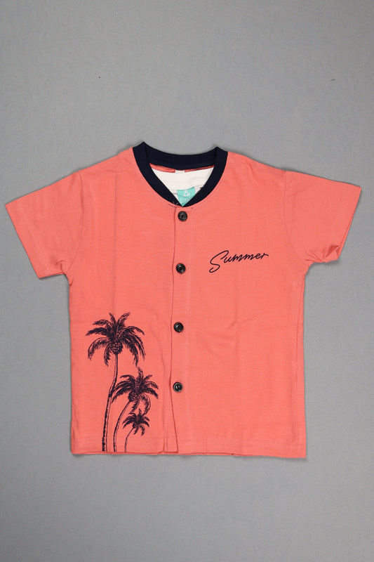 Pink shirt with black palm tree design and 'Gucci' branding on a gray background