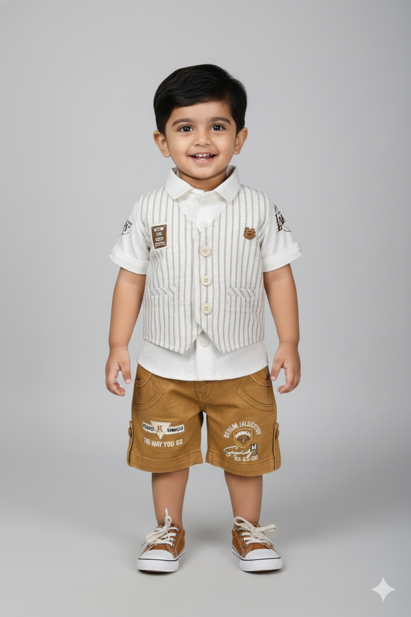 A young boy modeling a sophisticated three-piece party set. The outfit features a light-colored vertical striped waistcoat layered over a crisp white short-sleeve button-down shirt, paired with tan brown cargo shorts. He is standing against a neutral studio background wearing matching brown and white sneakers.