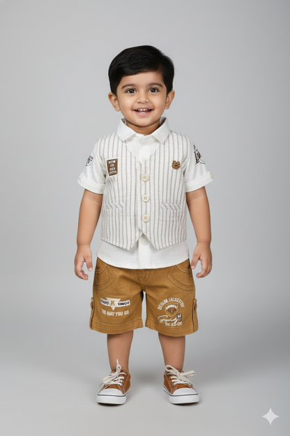 A young boy modeling a sophisticated three-piece party set. The outfit features a light-colored vertical striped waistcoat layered over a crisp white short-sleeve button-down shirt, paired with tan brown cargo shorts. He is standing against a neutral studio background wearing matching brown and white sneakers.