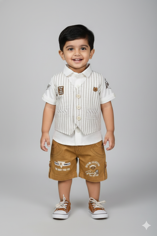A young boy modeling a sophisticated three-piece party set. The outfit features a light-colored vertical striped waistcoat layered over a crisp white short-sleeve button-down shirt, paired with tan brown cargo shorts. He is standing against a neutral studio background wearing matching brown and white sneakers.