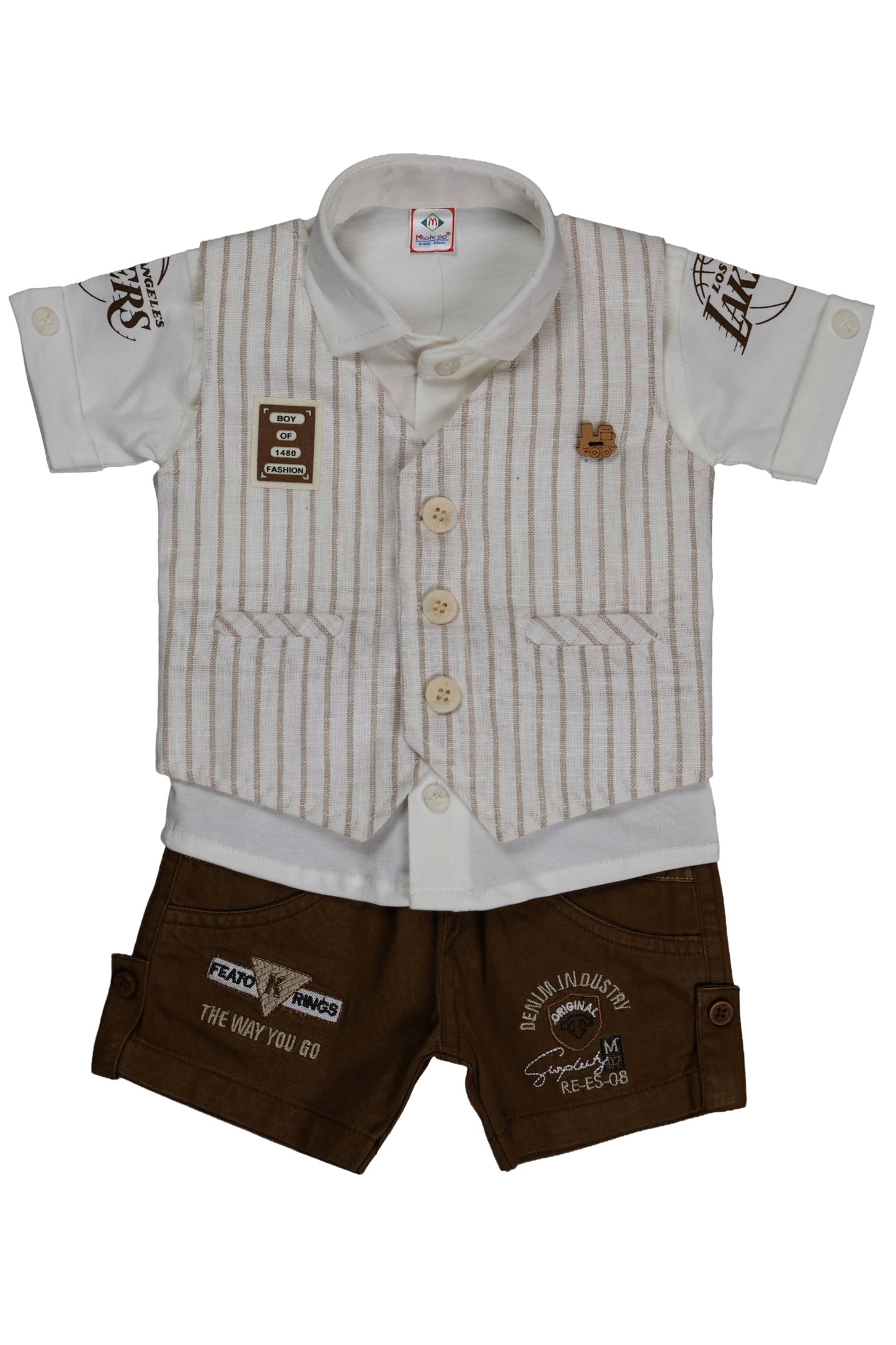 Children's outfit with striped shirt and brown shorts on a white background