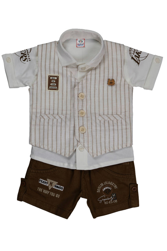Children's outfit with striped shirt and brown shorts on a white background