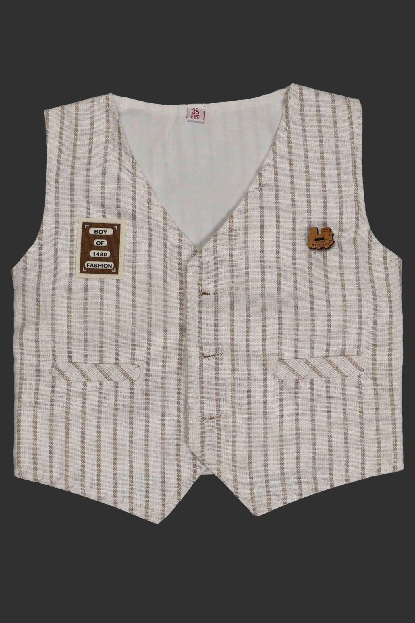 Striped vest with brand labels on a black background