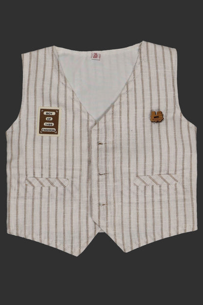 Striped vest with brand labels on a black background