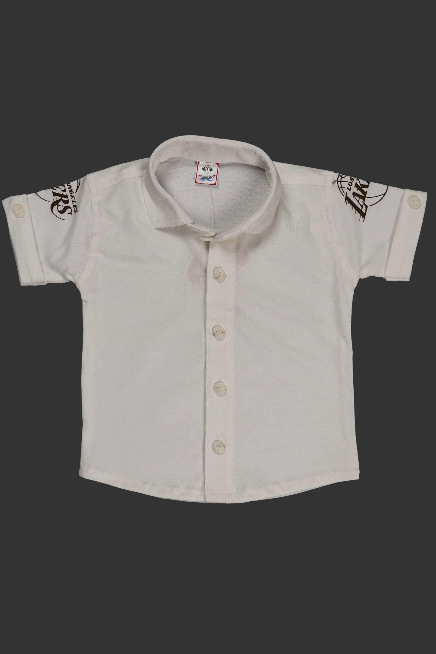 White short-sleeve shirt with black designs on sleeves against a black background