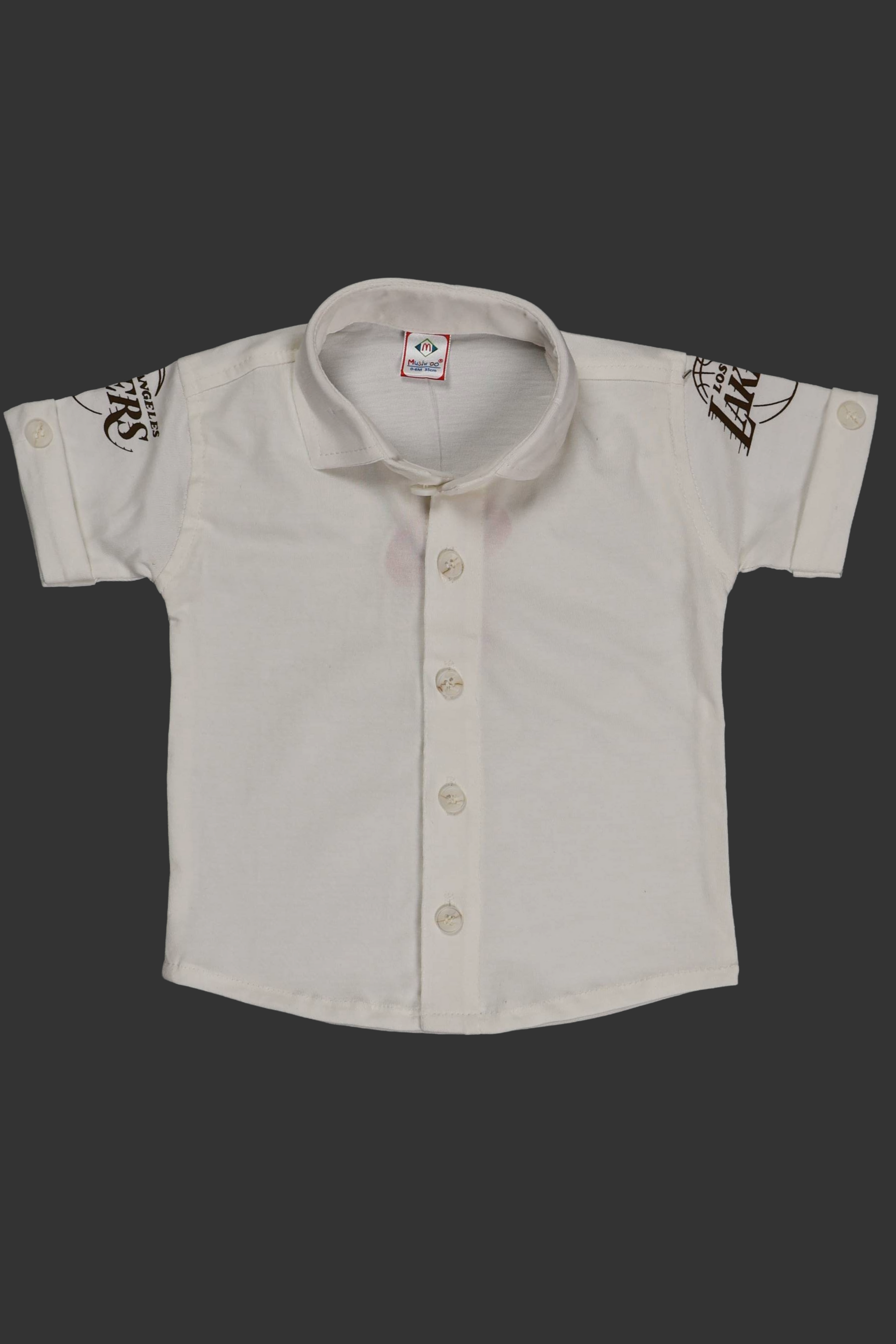 White short-sleeve shirt with black designs on sleeves against a black background