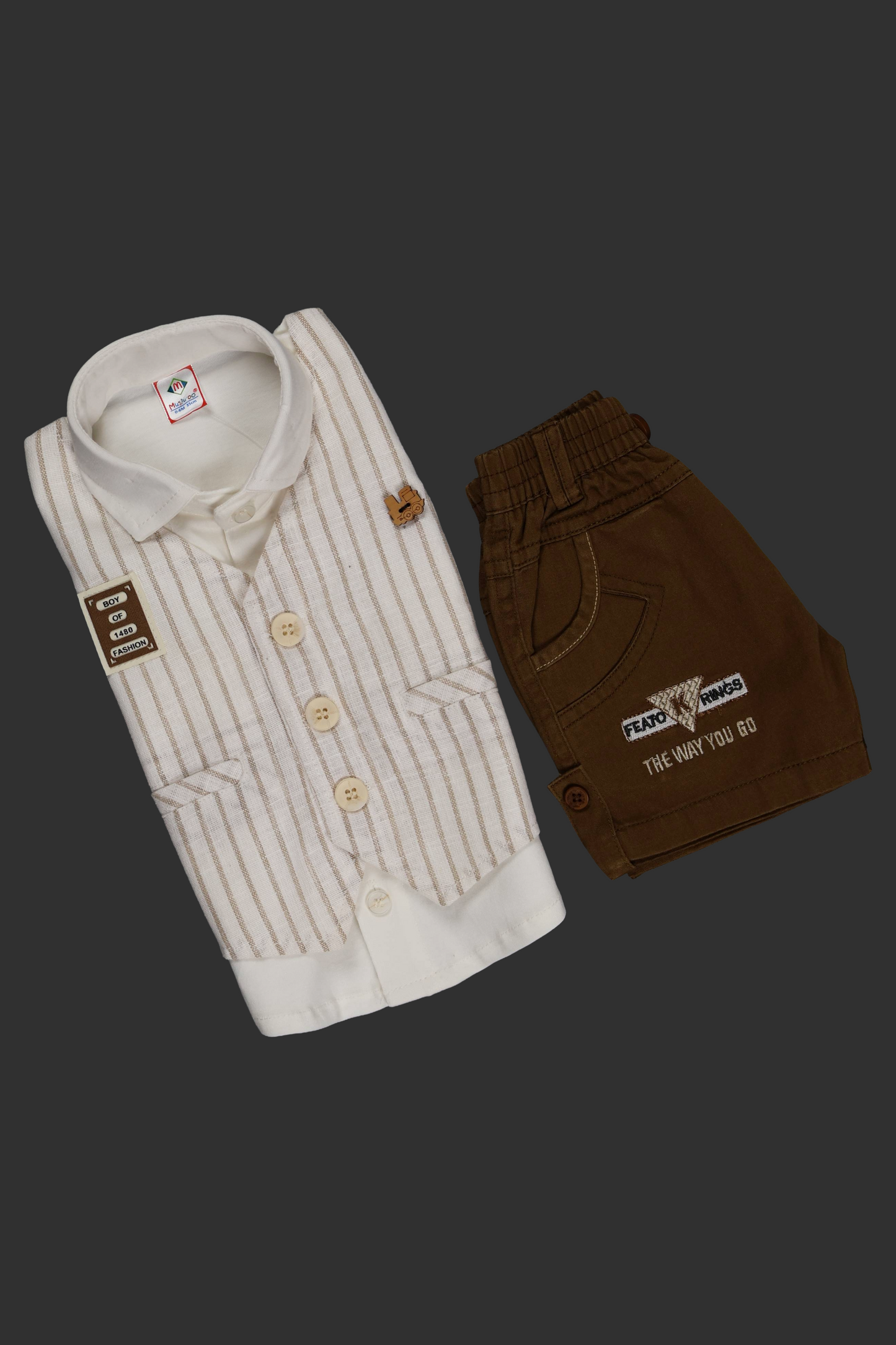 White shirt with striped pattern and brown pants on a dark background