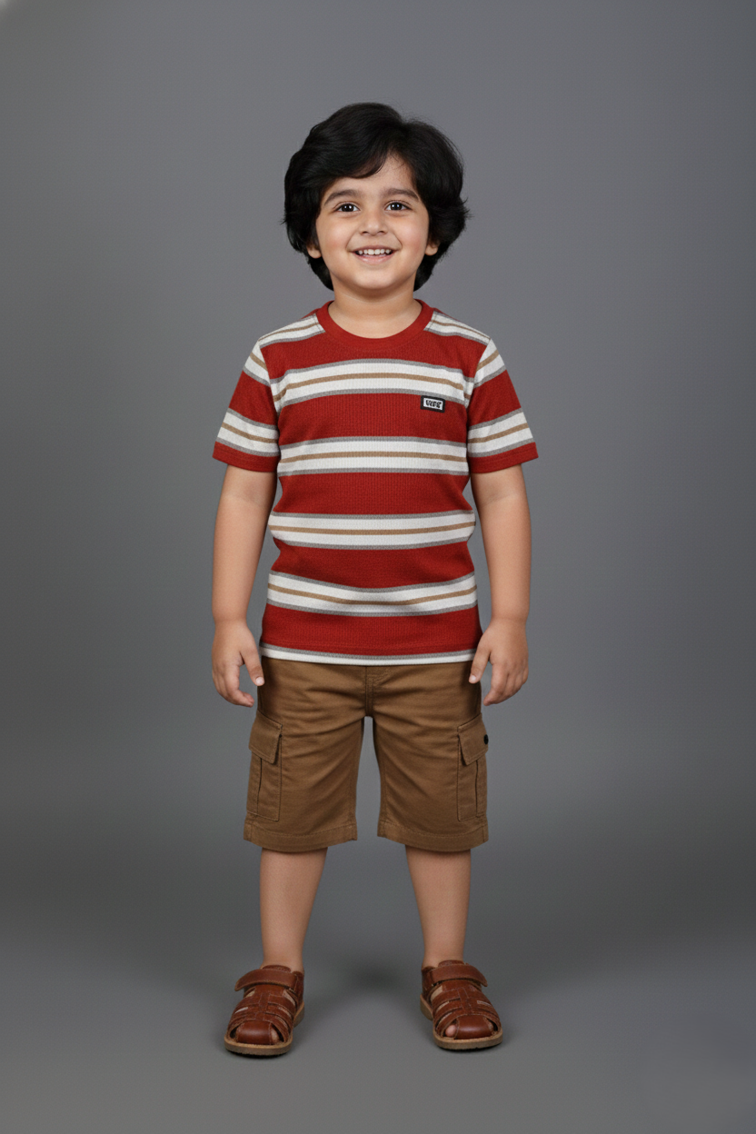 A young boy wearing a casual summer outfit. The set features a short-sleeve crew neck t-shirt with maroon, white, and tan horizontal stripes, paired with tan brown cargo shorts. He is standing against a neutral studio background wearing brown sandals.