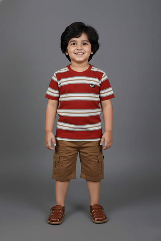 A young boy wearing a casual summer outfit. The set features a short-sleeve crew neck t-shirt with maroon, white, and tan horizontal stripes, paired with tan brown cargo shorts. He is standing against a neutral studio background wearing brown sandals.