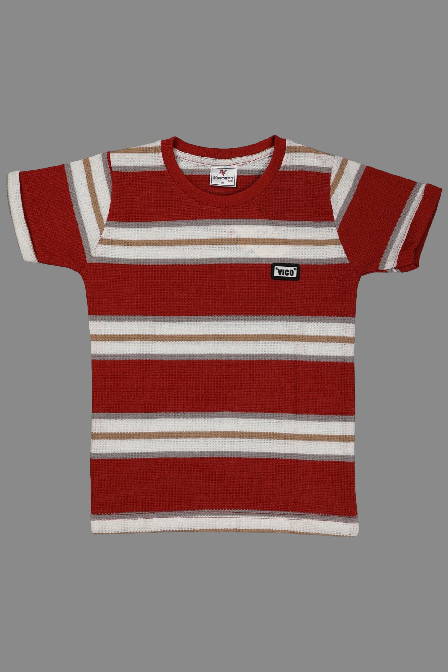 Red and white striped t-shirt with a logo on a gray background