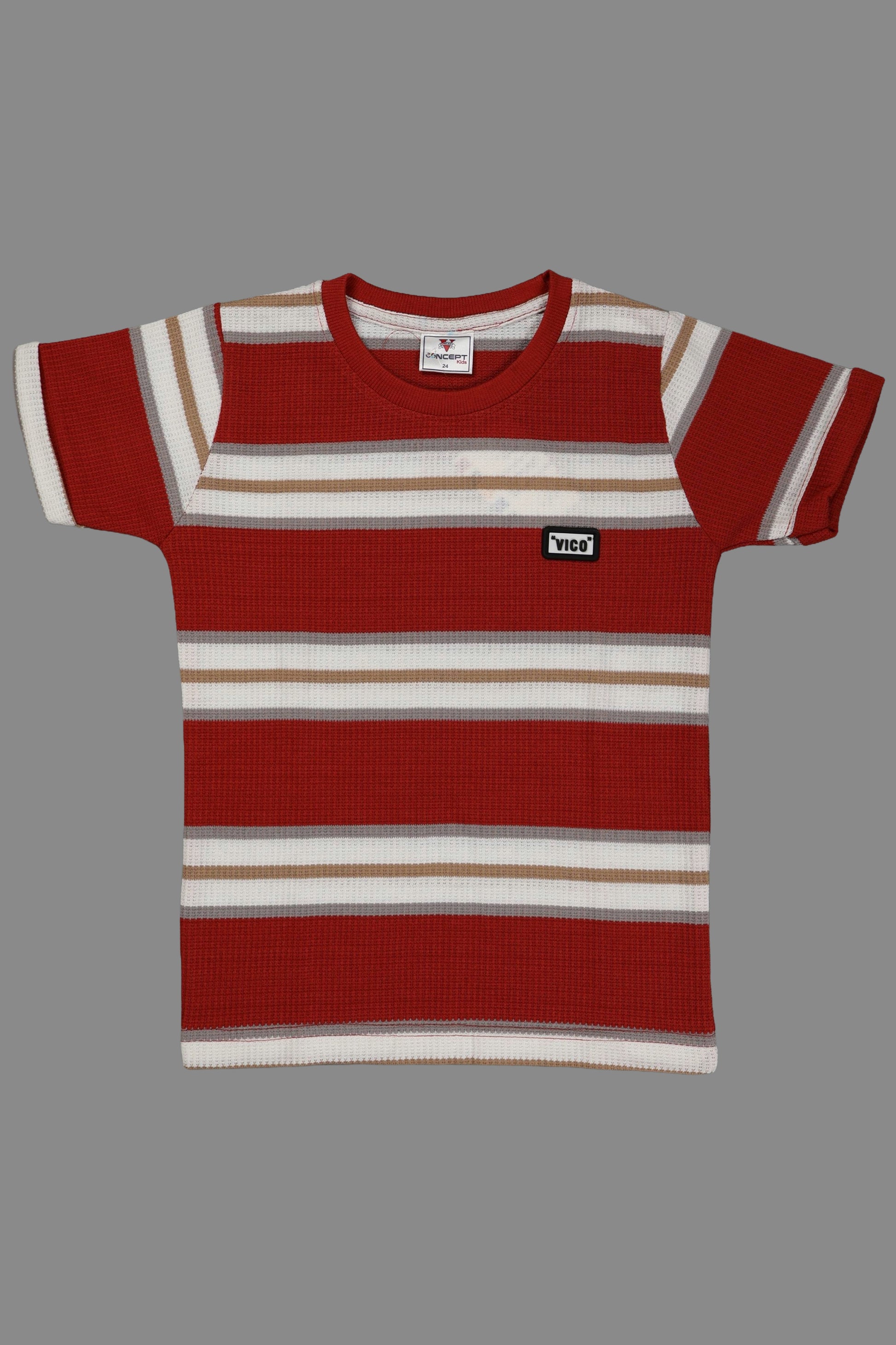 Red and white striped t-shirt with a logo on a gray background