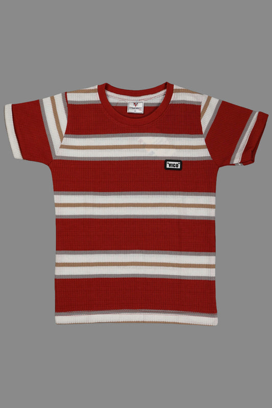 Red and white striped t-shirt with a logo on a gray background