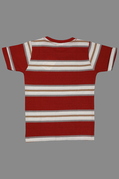 Red and white striped t-shirt on a gray background