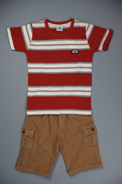 Red and white striped shirt with brown shorts on a gray background